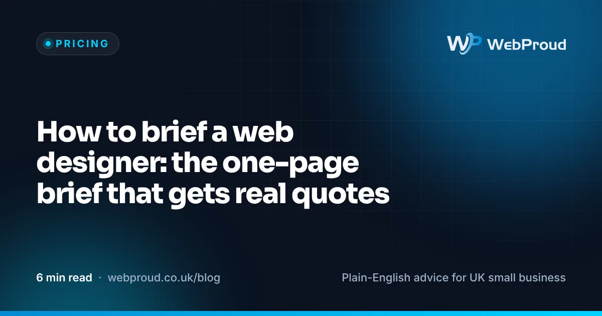 A one-page website brief on a desk next to a laptop and a cup of tea.