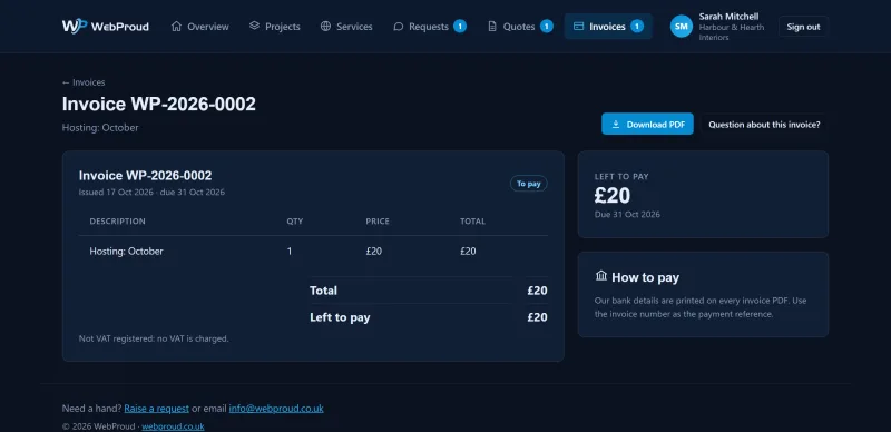 An invoice in the WebProud client portal showing the amount left to pay and how to pay
