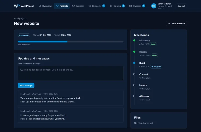 A project page in the WebProud client portal showing progress, milestones and team updates
