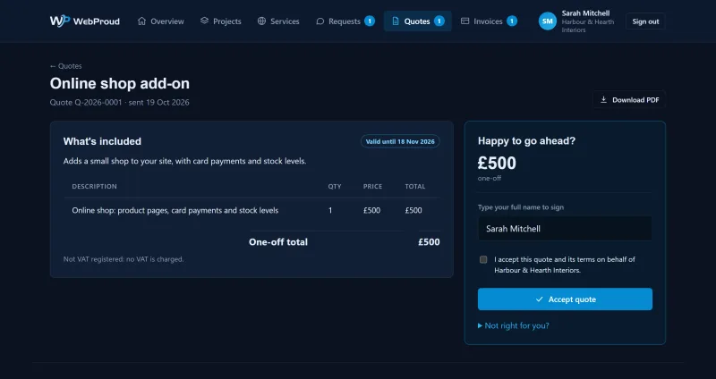 Approving a quote online in the WebProud client portal