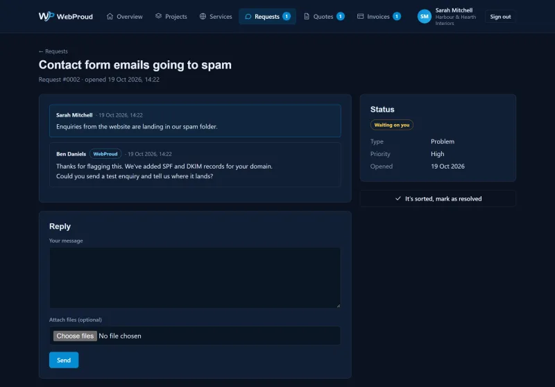 A support request conversation in the WebProud client portal