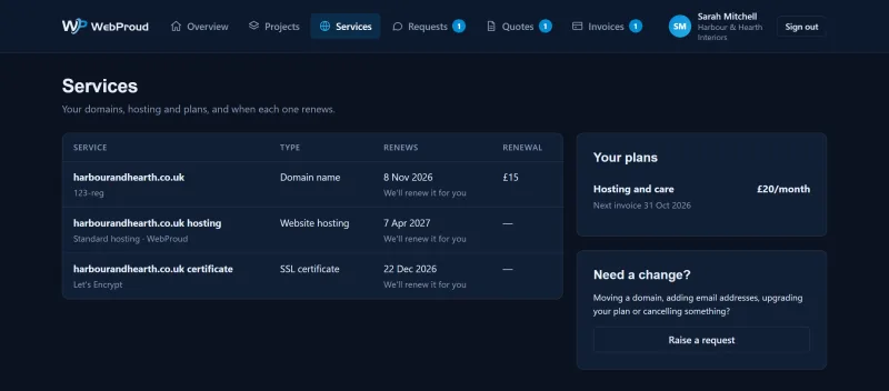 The services page in the WebProud client portal listing a domain, hosting and SSL certificate with renewal dates